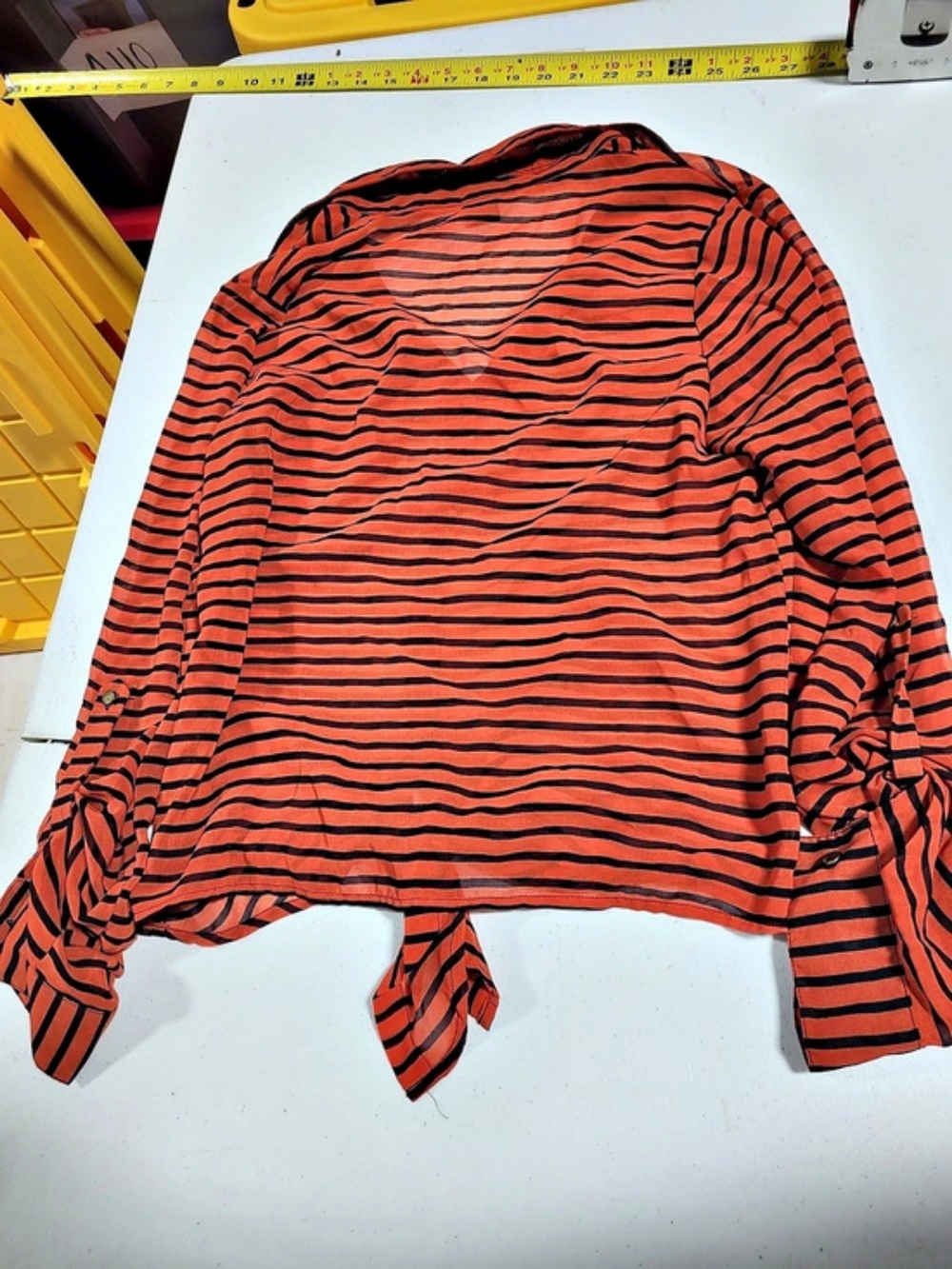 Timing Striped Tie-Front Button Down in Orange & Black - Picture 3 of 3